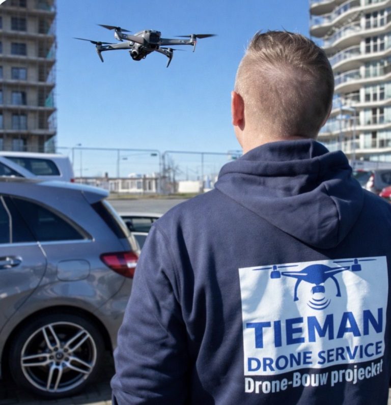 Jeroen Tieman Man in een Tieman Drone Services hoodie kijkt naar een drone die vliegt boven parkeerplaatsen.