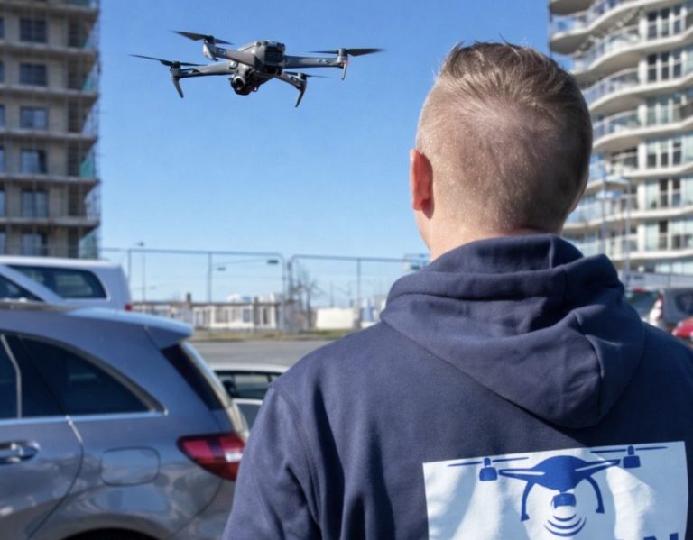 Bouwproject met nieuwe huizen en een kraan aan de rand van een woongebied.