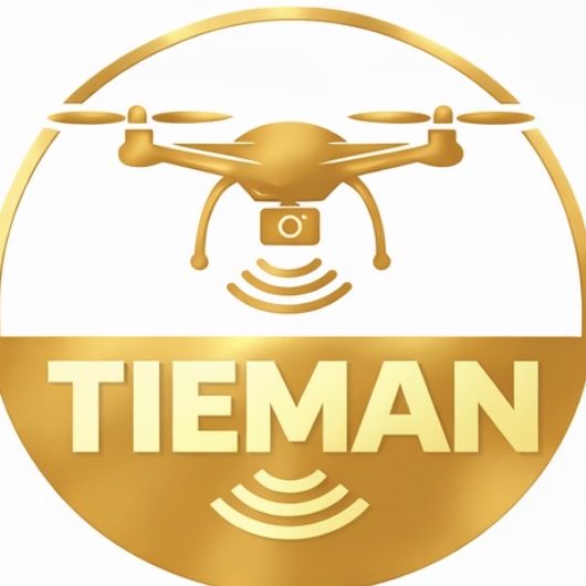 Logo van TIEMAN met een gouden drone en golven die draadloze signalen uitstralen.
